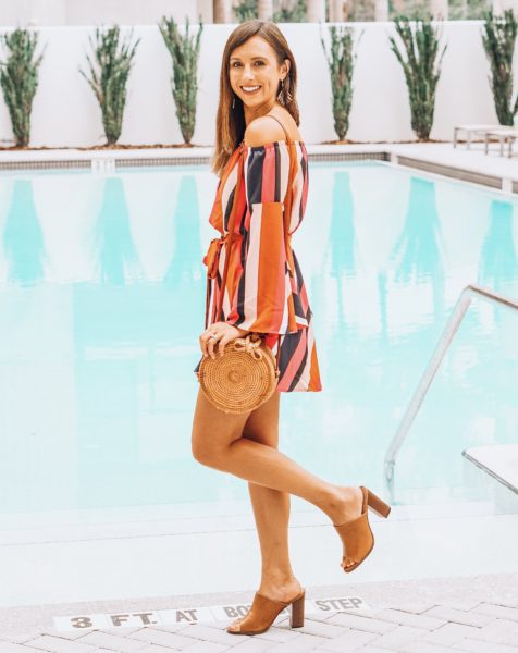 vici stripe off the shoulder dress with round rattan bag