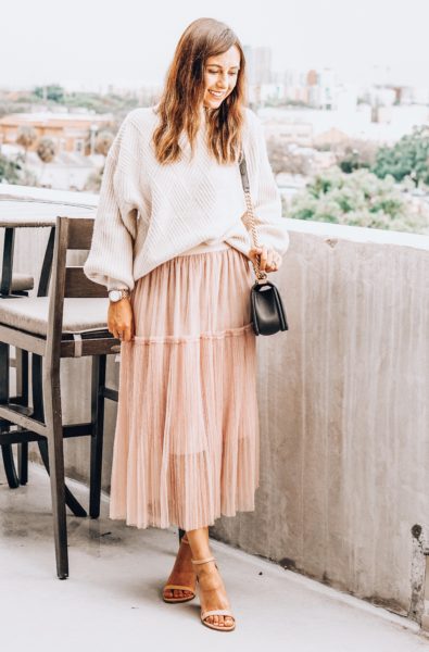 chicwish blush pleated mesh skirt with black chanel boy