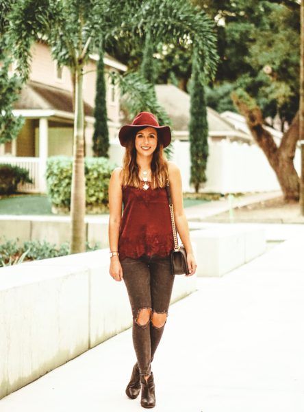 burgundy lace cami with free people busted knee skinnies