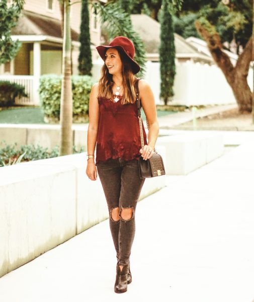 free people busted knee skinnies with burgundy lace cami