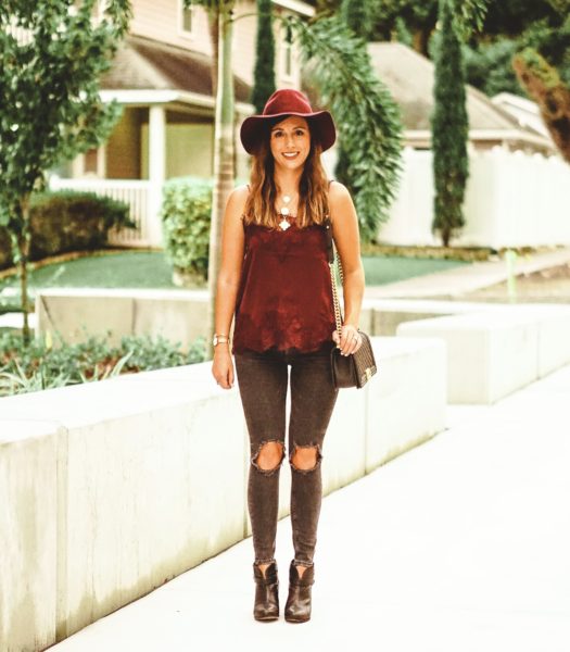 burgundy brixton hat with burgundy lace cami