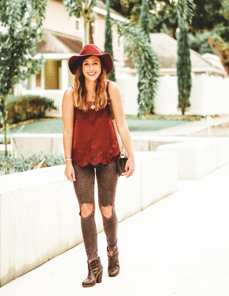 burgundy lace cami with burgundy brixton hat
