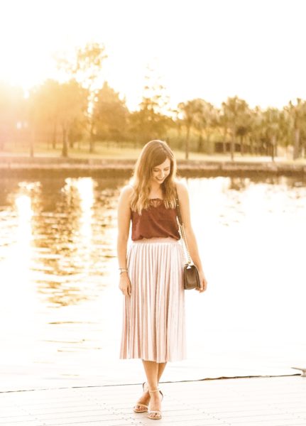 burgundy lace cami with chicwish blush velvet pleated skirt