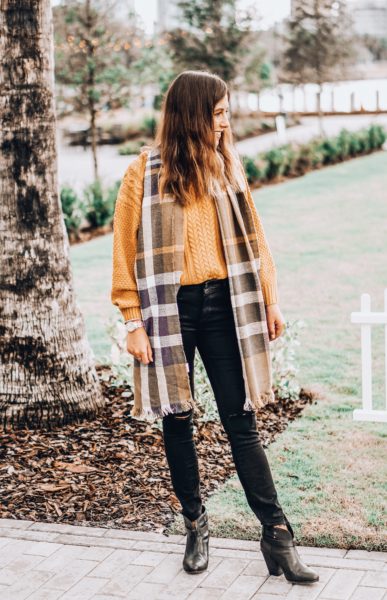 plaid scarf with workshop mustard sweater