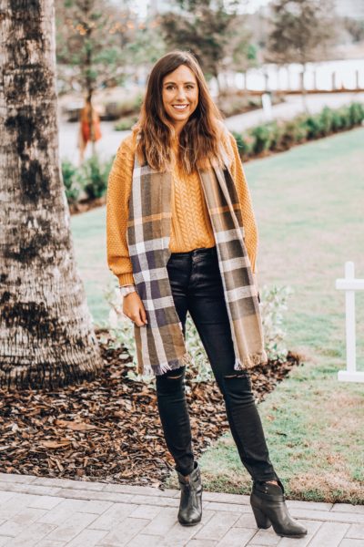 workshop mustard sweater with plaid scarf
