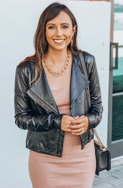bishop and young pink dress with black moto jacket