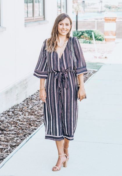 bishop and young stripe jumpsuit with stuart weitzman nearlynude