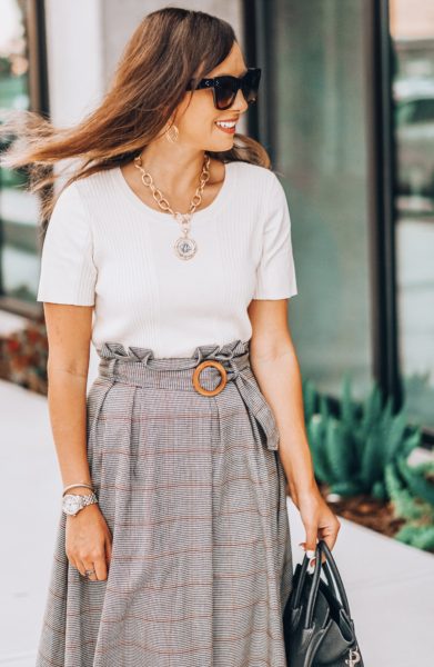 susan shaw necklace with chicwish plaid midi skirt