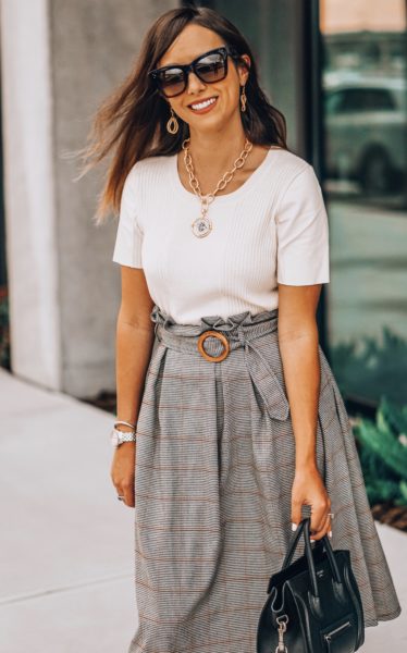chicwish plaid midi skirt with susan shaw necklace
