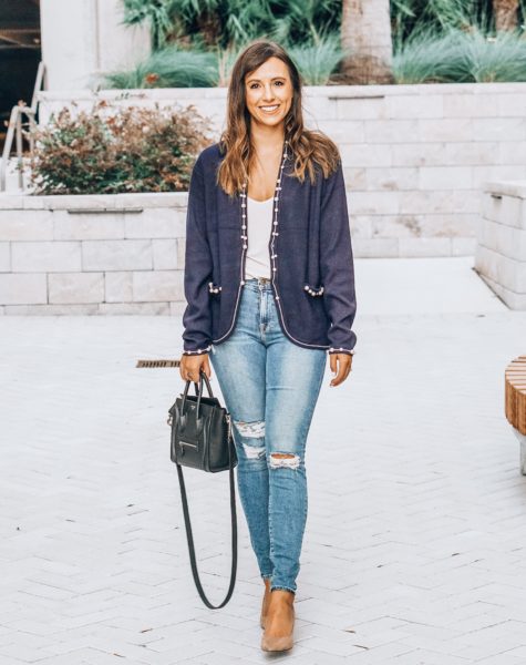 ripped frame denim with chicwish navy pearl cardigan
