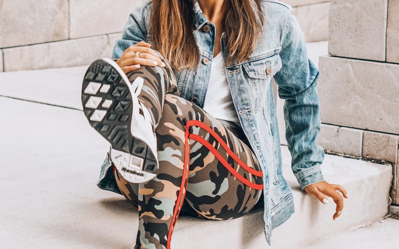 camo leggings with oversized denim jacket