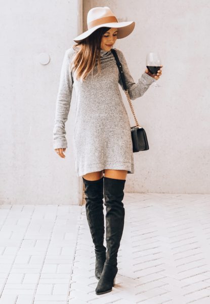 pink brixton hat with lamade grey sweater dress