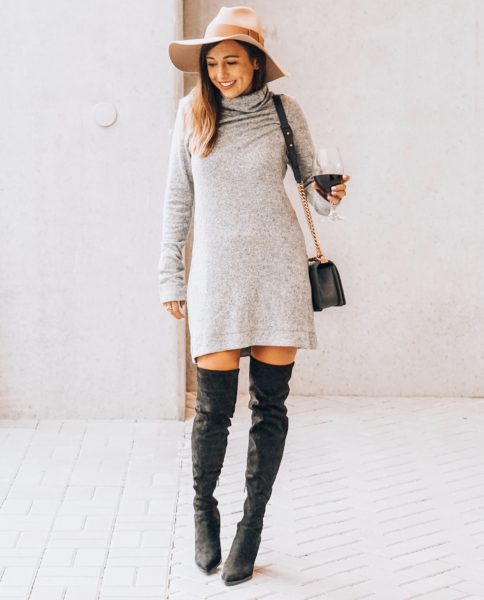 lamade grey sweater dress with pink brixton hat
