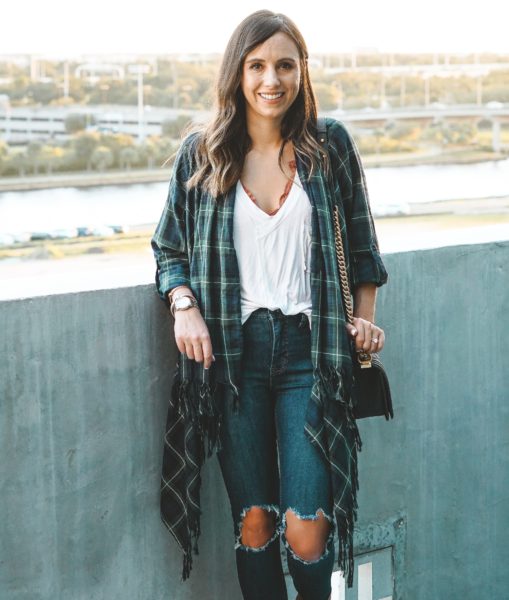 vici plaid cardigan with free people busted knee skinnies