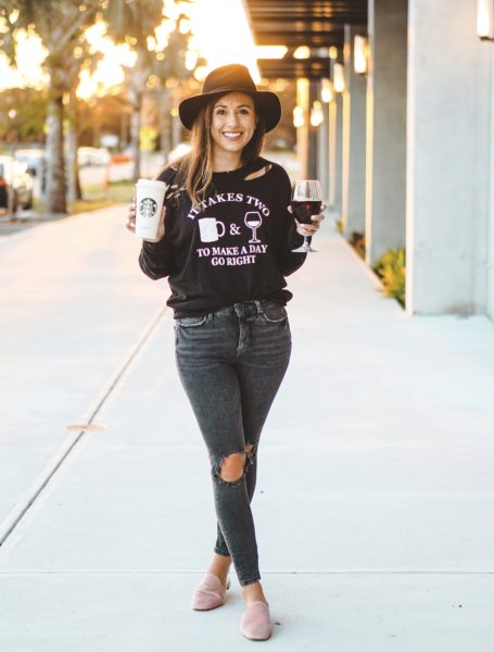 it takes two sweatshirt with blush mules