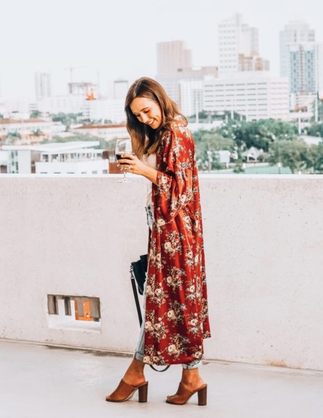 ripped jeans with orange floral kimono