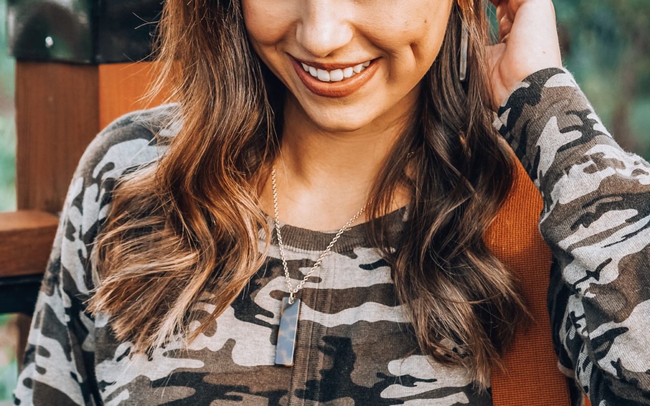 camo shirt with susan shaw accessories