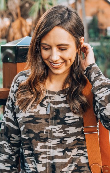 camo shirt with susan shaw accessories