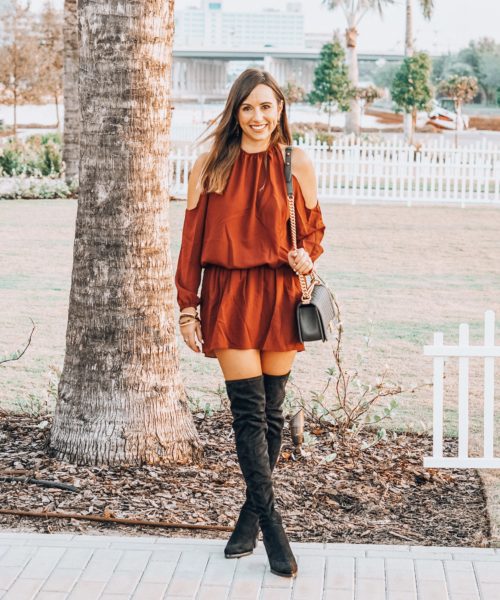 black over the knee boots with bishop and young rust dress