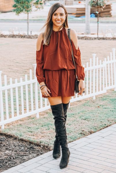 bishop and young rust dress with black over the knee boots