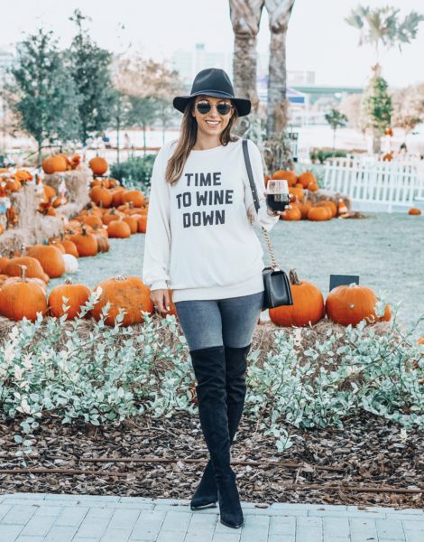 black over the knee boots with wine down sweatshirt