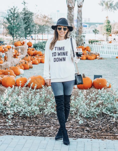 wine down sweatshirt with black over the knee boots