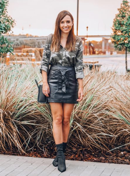 express black leather skirt with camo shirt
