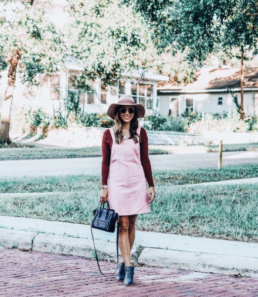 shein pink overall dress with blush brixton hat