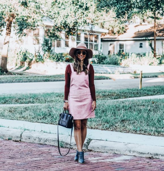 blush brixton hat with shein pink overall dress