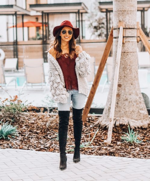 gray chicwish pom cardigan with maroon lace tank