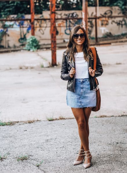 denim skirt with faux black leather jacket