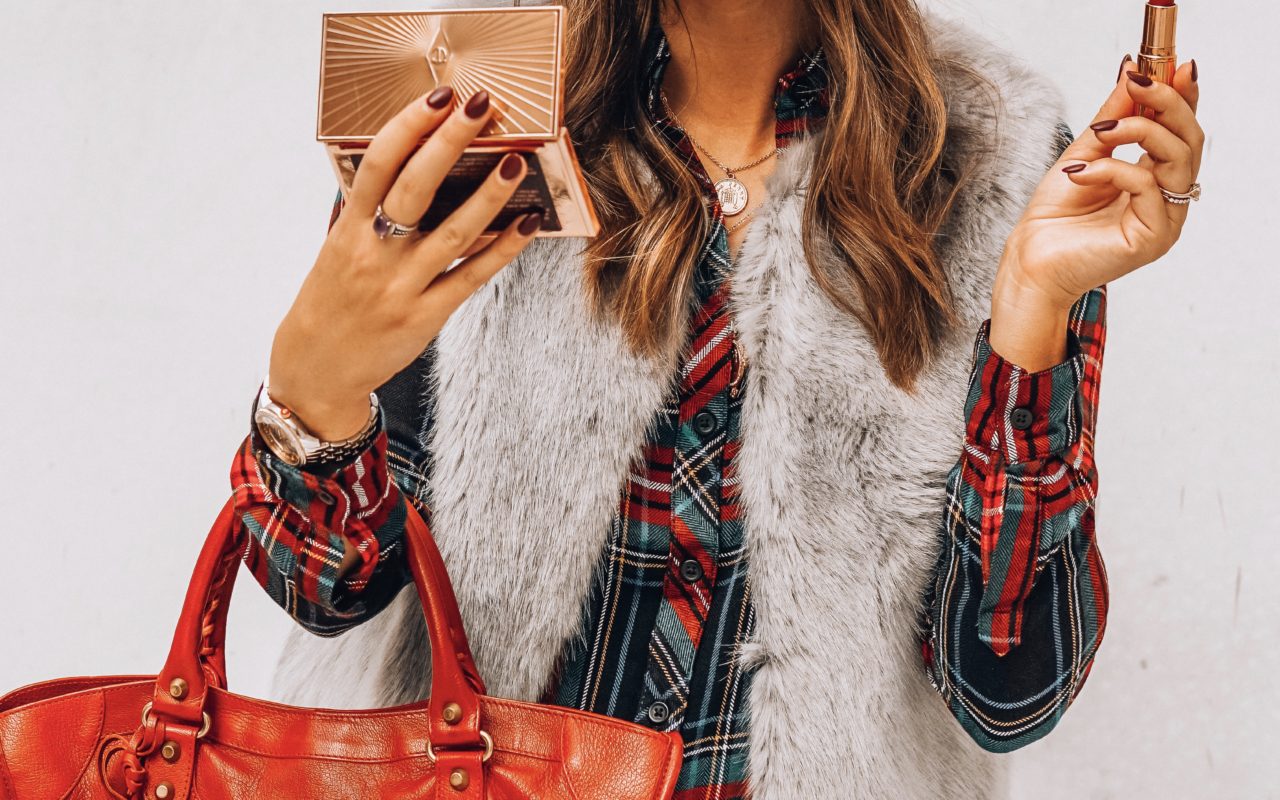 plaid top with topshop fur vest