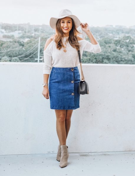 Button up denim skirt with sweater