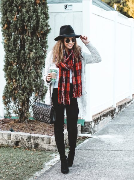 plaid scarf with over the knee boots