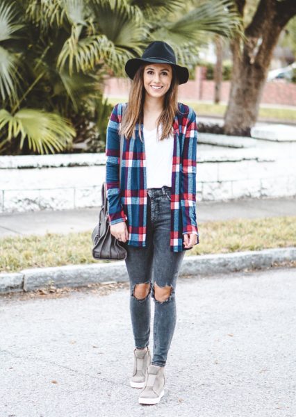 Plaid cardigan with wedge sneakers