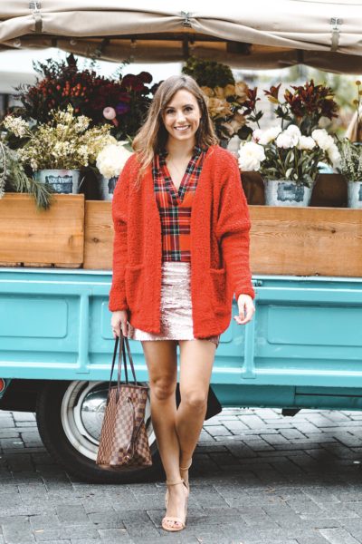red teddy cardigan with plaid top