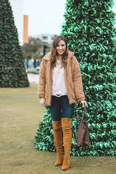 shein teddy coat with over the knee boots