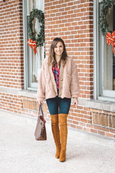 goodnight macaroon teddy cardigan with tan over the knee boots