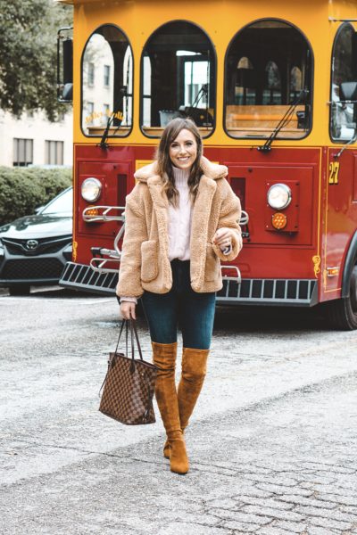 miss go lightly brown teddy coat with over the knee boots