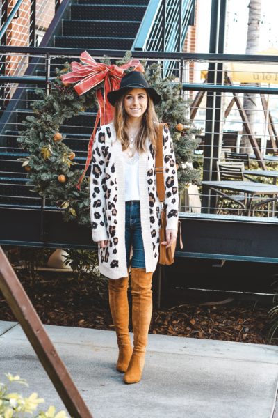 leopard cardigan with goodnight macaroon over the knee boots