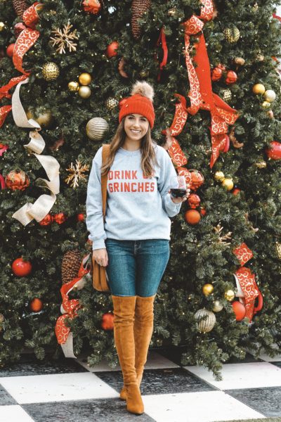 drink up grinches sweatshirt with red beanie