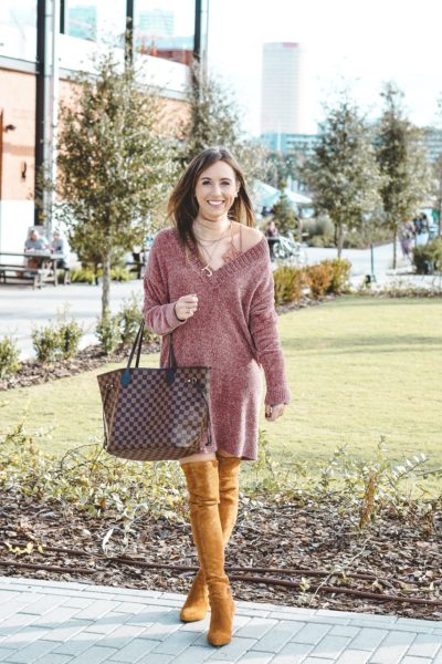 chenille sweater dress with marlo over the knee boots