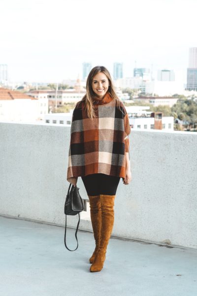 plaid poncho with marlo over the knee boots
