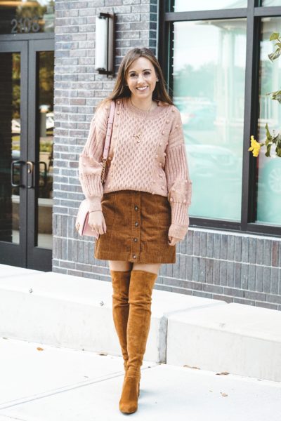 caramel corduroy skirt with marlo over the knee boots