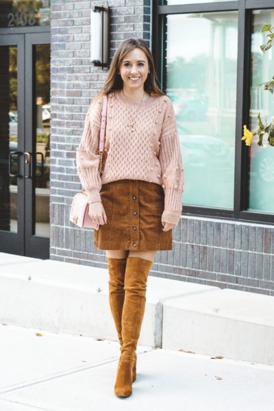 chicwish pom pom sweater with brown corduroy skirt