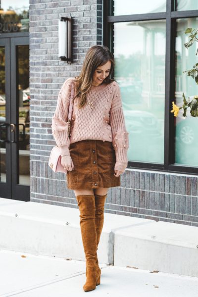 peach chicwish pom pom sweater with brown corduroy skirt