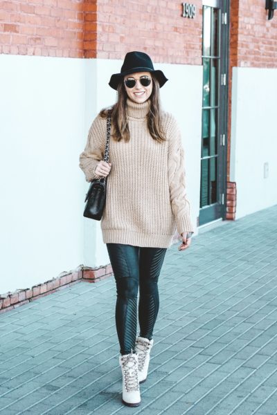 tan turtleneck with spanx faux leather leggings