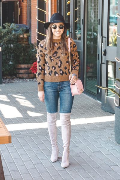 leopard sweater with grey over the knee boots
