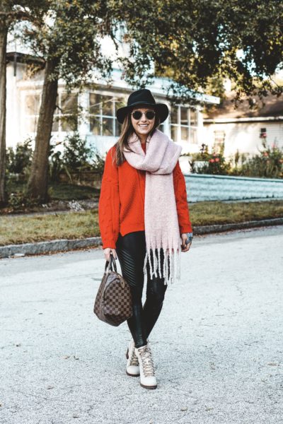 dress up red sweater and pink scarf