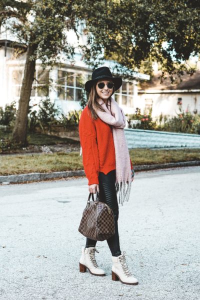 red sweater with frye addie hiker